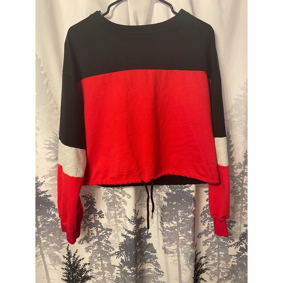 Slightly Cropped Drawstring Color Block Sweater - Picture 2 of 3